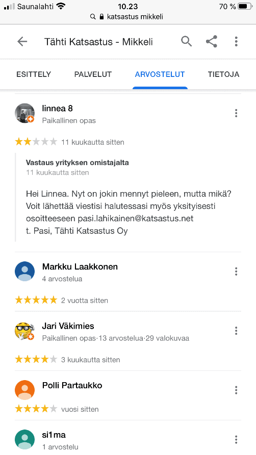 Tähti Katsastus Mikkelin asiakkaiden arviointeja yrityksestä.